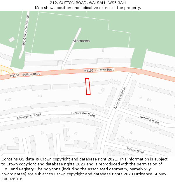 212, SUTTON ROAD, WALSALL, WS5 3AH: Location map and indicative extent of plot