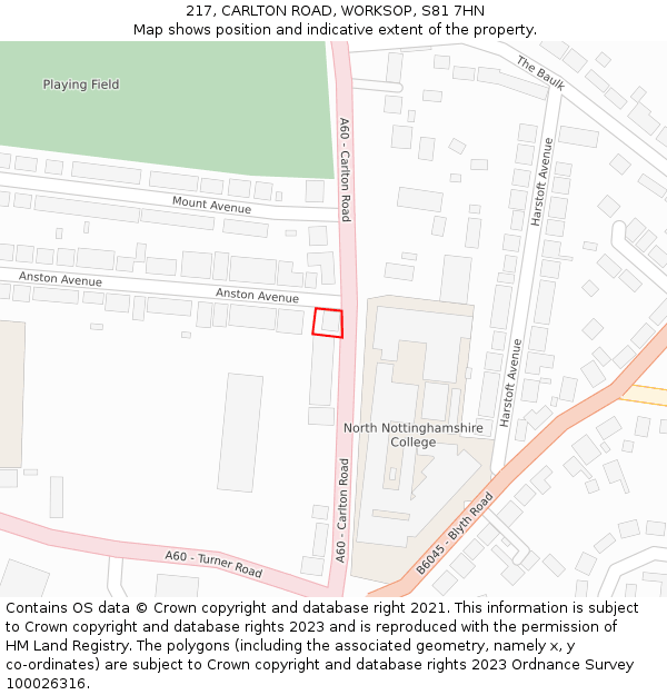 217, CARLTON ROAD, WORKSOP, S81 7HN: Location map and indicative extent of plot