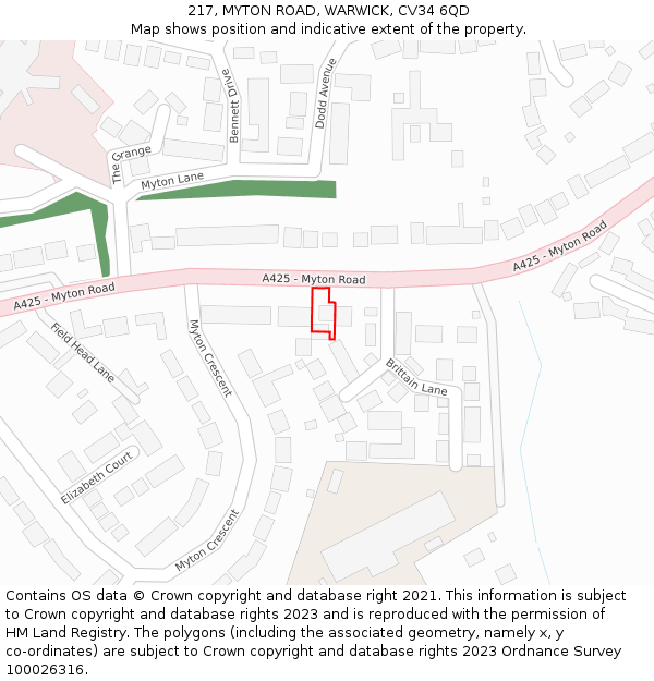 217, MYTON ROAD, WARWICK, CV34 6QD: Location map and indicative extent of plot