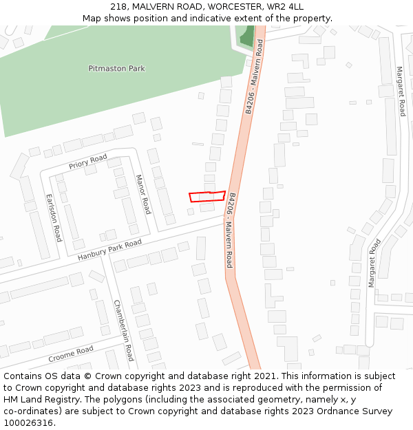 218, MALVERN ROAD, WORCESTER, WR2 4LL: Location map and indicative extent of plot