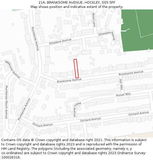 21A, BRANKSOME AVENUE, HOCKLEY, SS5 5PF: Location map and indicative extent of plot