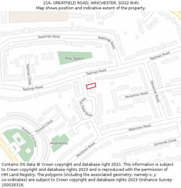 21A, GREATFIELD ROAD, WINCHESTER, SO22 6HN: Location map and indicative extent of plot