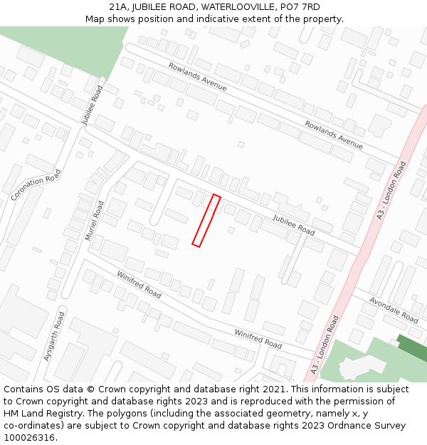 21A, JUBILEE ROAD, WATERLOOVILLE, PO7 7RD: Location map and indicative extent of plot