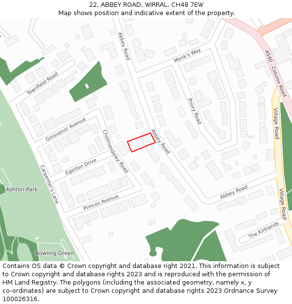 22, ABBEY ROAD, WIRRAL, CH48 7EW: Location map and indicative extent of plot