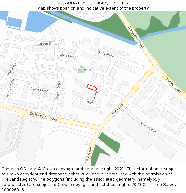 22, AQUA PLACE, RUGBY, CV21 1BY: Location map and indicative extent of plot