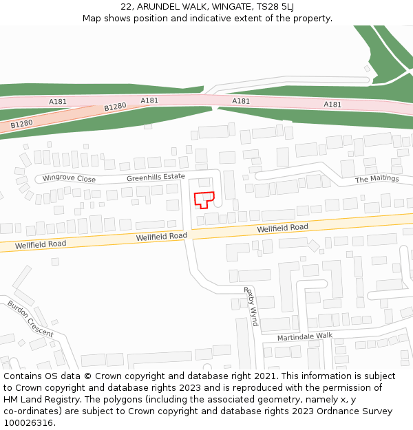 22, ARUNDEL WALK, WINGATE, TS28 5LJ: Location map and indicative extent of plot