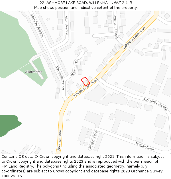 22, ASHMORE LAKE ROAD, WILLENHALL, WV12 4LB: Location map and indicative extent of plot