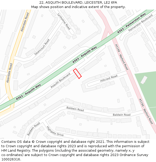 22, ASQUITH BOULEVARD, LEICESTER, LE2 6FA: Location map and indicative extent of plot