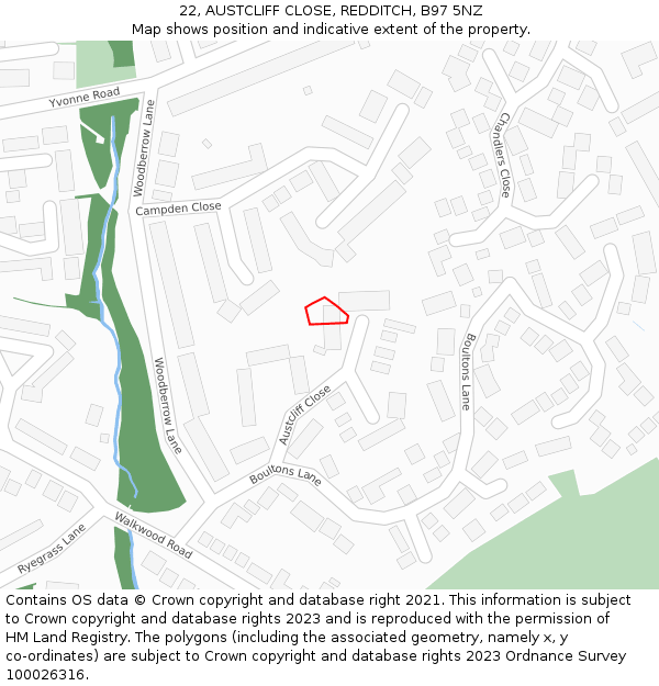 22, AUSTCLIFF CLOSE, REDDITCH, B97 5NZ: Location map and indicative extent of plot