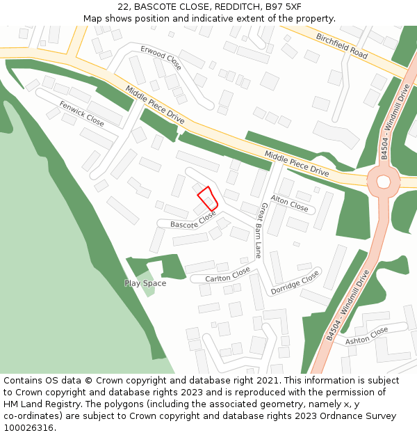 22, BASCOTE CLOSE, REDDITCH, B97 5XF: Location map and indicative extent of plot