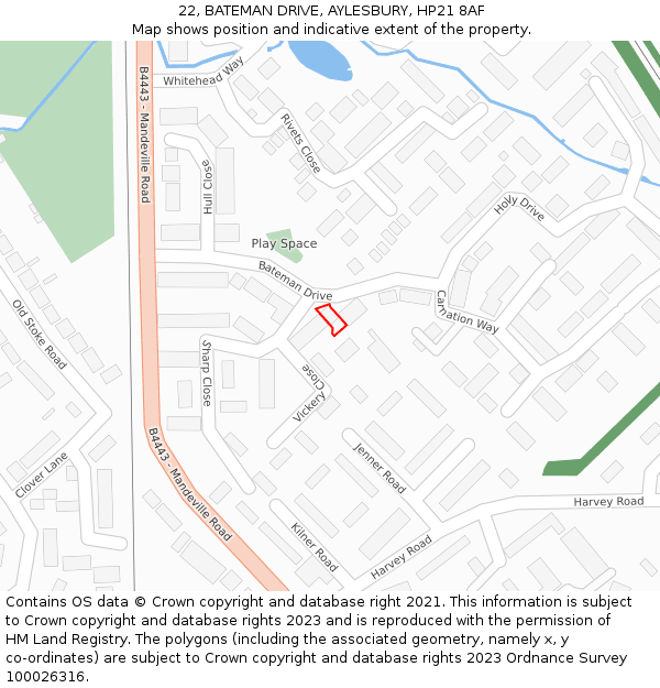 22, BATEMAN DRIVE, AYLESBURY, HP21 8AF: Location map and indicative extent of plot