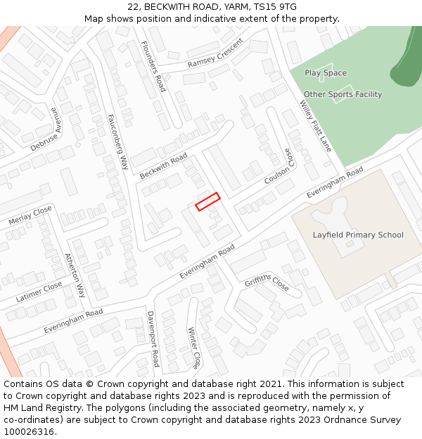 22, BECKWITH ROAD, YARM, TS15 9TG: Location map and indicative extent of plot