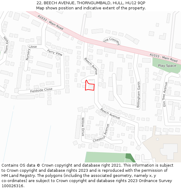 22, BEECH AVENUE, THORNGUMBALD, HULL, HU12 9QP: Location map and indicative extent of plot