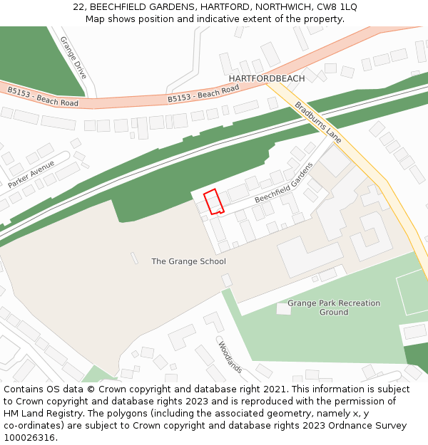 22, BEECHFIELD GARDENS, HARTFORD, NORTHWICH, CW8 1LQ: Location map and indicative extent of plot