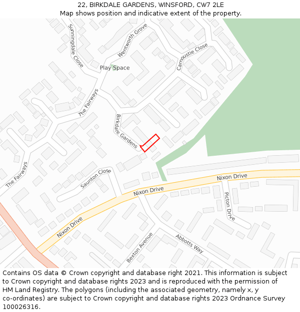 22, BIRKDALE GARDENS, WINSFORD, CW7 2LE: Location map and indicative extent of plot