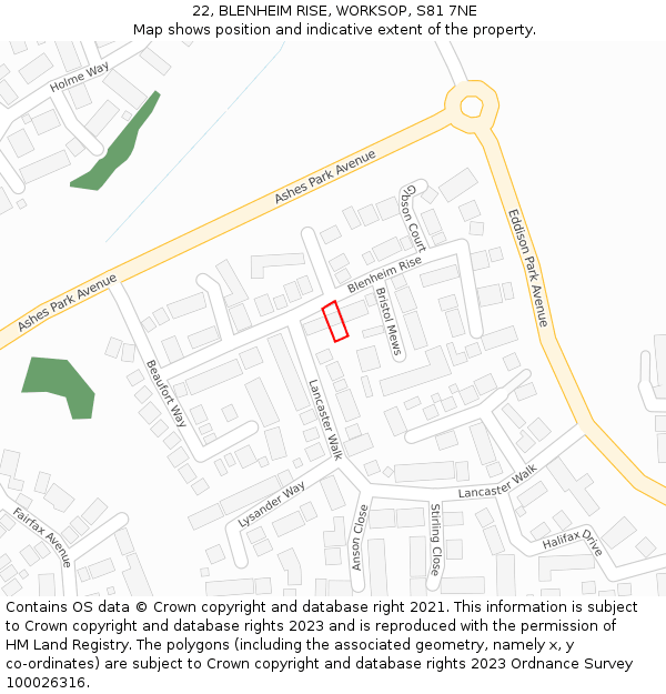 22, BLENHEIM RISE, WORKSOP, S81 7NE: Location map and indicative extent of plot