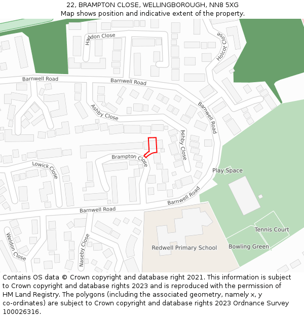 22, BRAMPTON CLOSE, WELLINGBOROUGH, NN8 5XG: Location map and indicative extent of plot