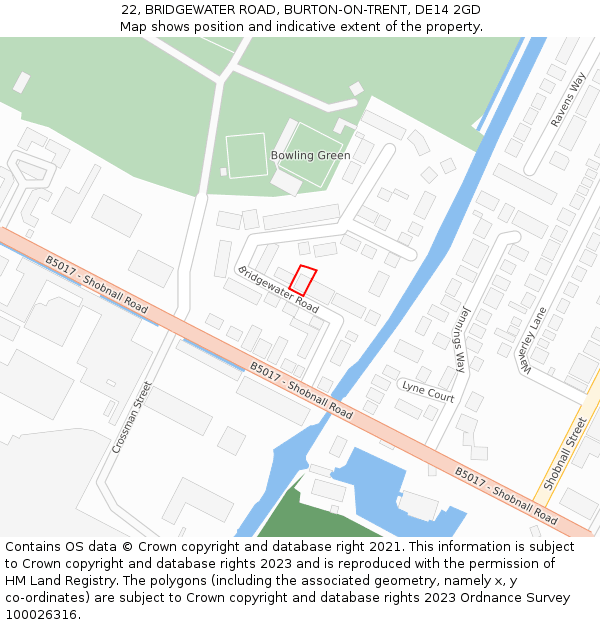 22, BRIDGEWATER ROAD, BURTON-ON-TRENT, DE14 2GD: Location map and indicative extent of plot