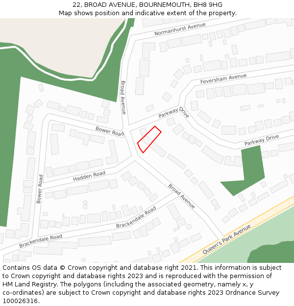 22, BROAD AVENUE, BOURNEMOUTH, BH8 9HG: Location map and indicative extent of plot