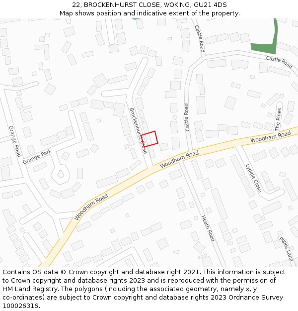 22, BROCKENHURST CLOSE, WOKING, GU21 4DS: Location map and indicative extent of plot