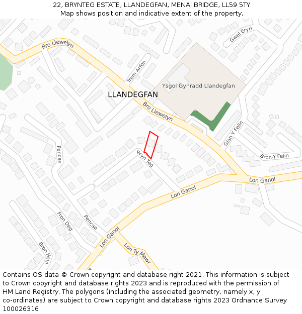 22, BRYNTEG ESTATE, LLANDEGFAN, MENAI BRIDGE, LL59 5TY: Location map and indicative extent of plot