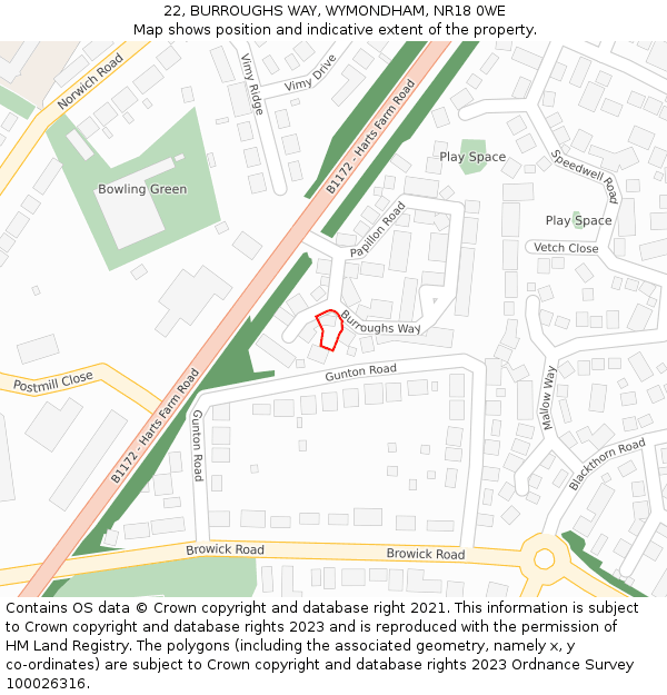 22, BURROUGHS WAY, WYMONDHAM, NR18 0WE: Location map and indicative extent of plot