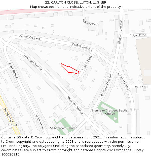 22, CARLTON CLOSE, LUTON, LU3 1ER: Location map and indicative extent of plot