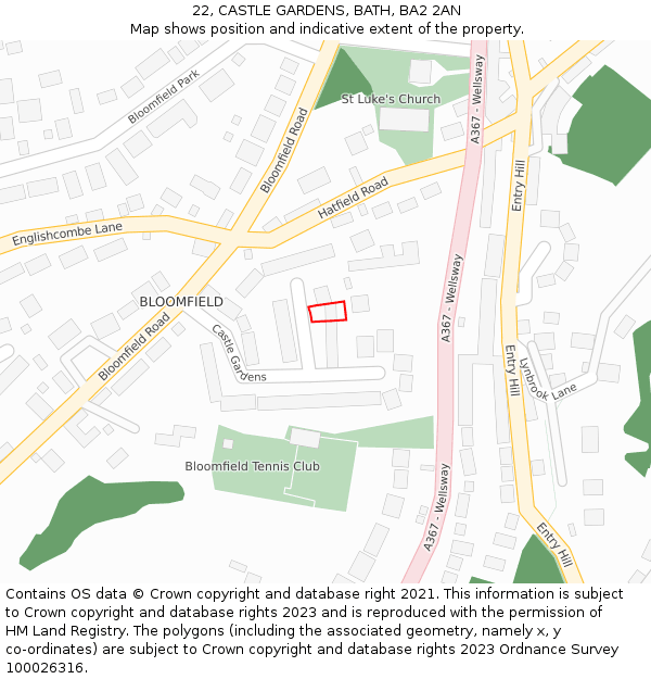 22, CASTLE GARDENS, BATH, BA2 2AN: Location map and indicative extent of plot