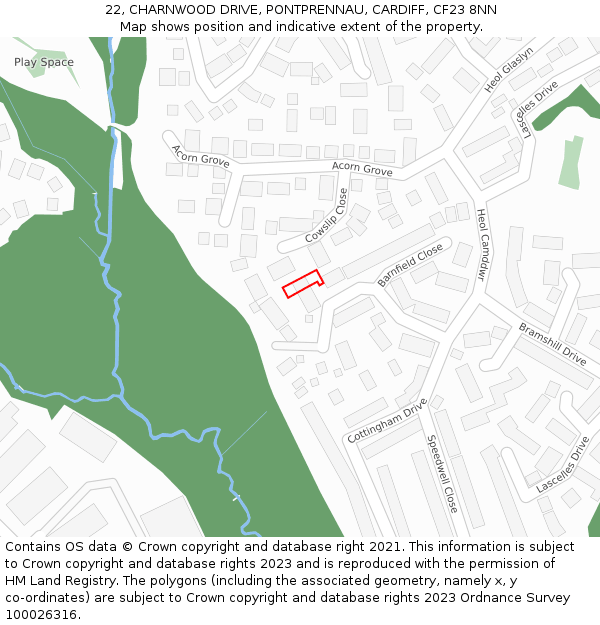 22, CHARNWOOD DRIVE, PONTPRENNAU, CARDIFF, CF23 8NN: Location map and indicative extent of plot