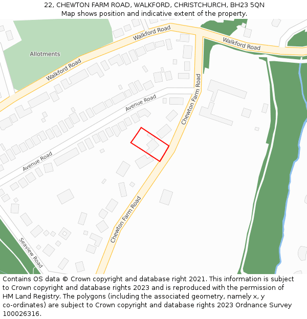 22, CHEWTON FARM ROAD, WALKFORD, CHRISTCHURCH, BH23 5QN: Location map and indicative extent of plot