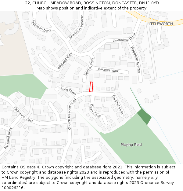 22, CHURCH MEADOW ROAD, ROSSINGTON, DONCASTER, DN11 0YD: Location map and indicative extent of plot