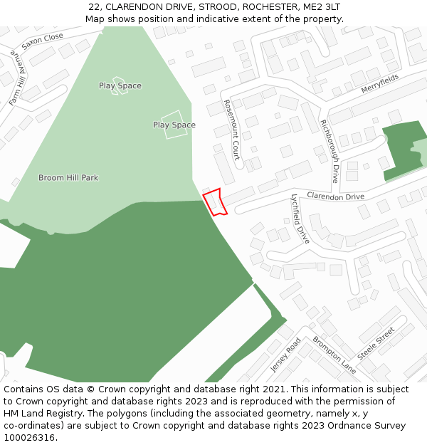 22, CLARENDON DRIVE, STROOD, ROCHESTER, ME2 3LT: Location map and indicative extent of plot