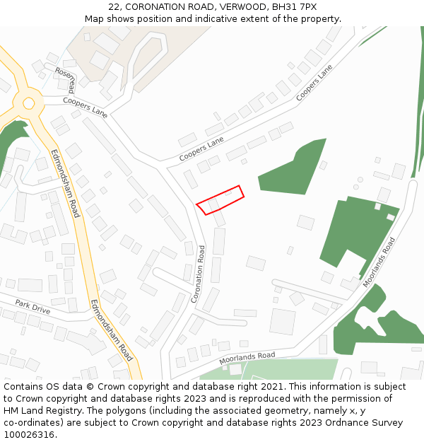 22, CORONATION ROAD, VERWOOD, BH31 7PX: Location map and indicative extent of plot