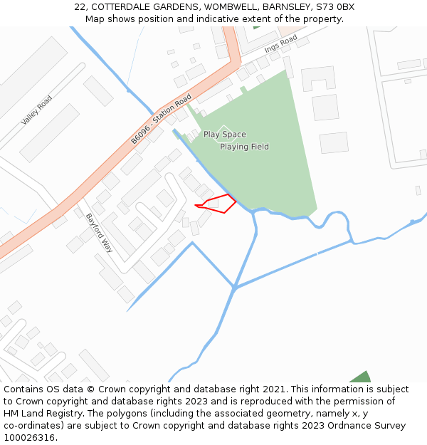 22, COTTERDALE GARDENS, WOMBWELL, BARNSLEY, S73 0BX: Location map and indicative extent of plot