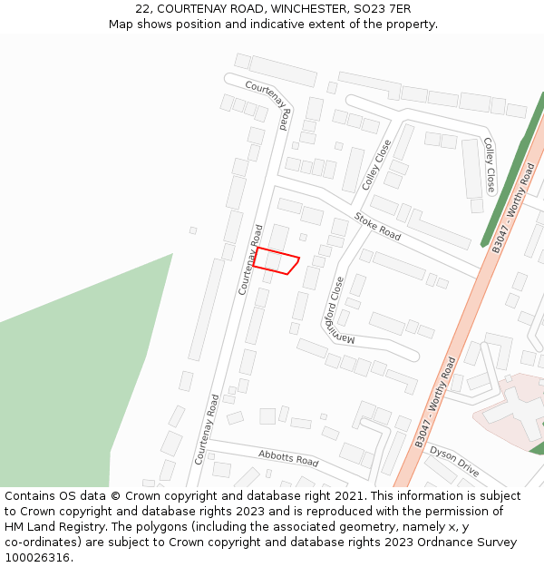 22, COURTENAY ROAD, WINCHESTER, SO23 7ER: Location map and indicative extent of plot
