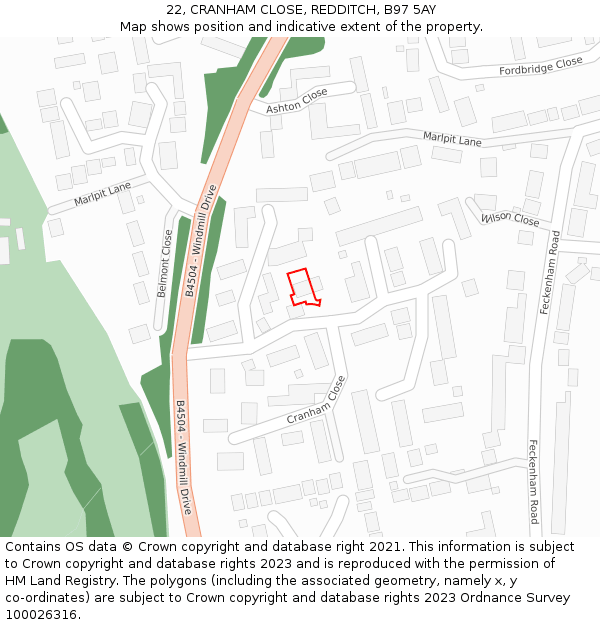 22, CRANHAM CLOSE, REDDITCH, B97 5AY: Location map and indicative extent of plot