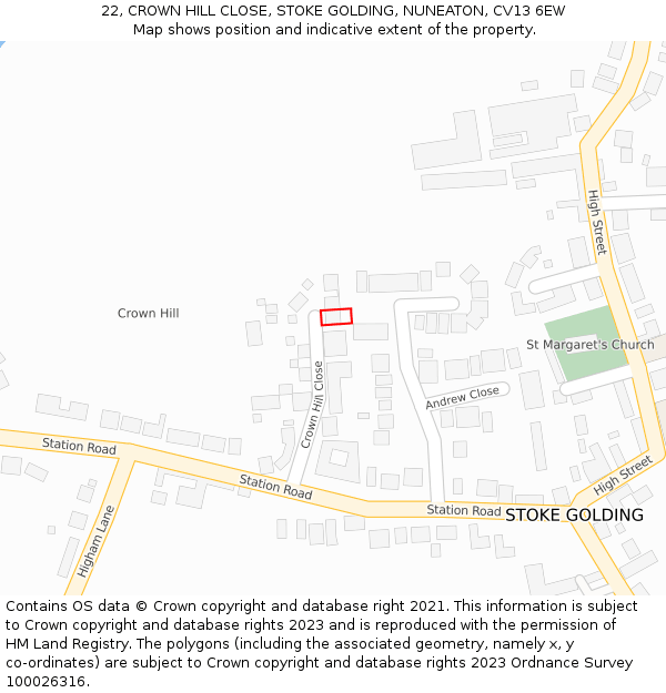 22, CROWN HILL CLOSE, STOKE GOLDING, NUNEATON, CV13 6EW: Location map and indicative extent of plot