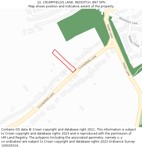 22, CRUMPFIELDS LANE, REDDITCH, B97 5PN: Location map and indicative extent of plot