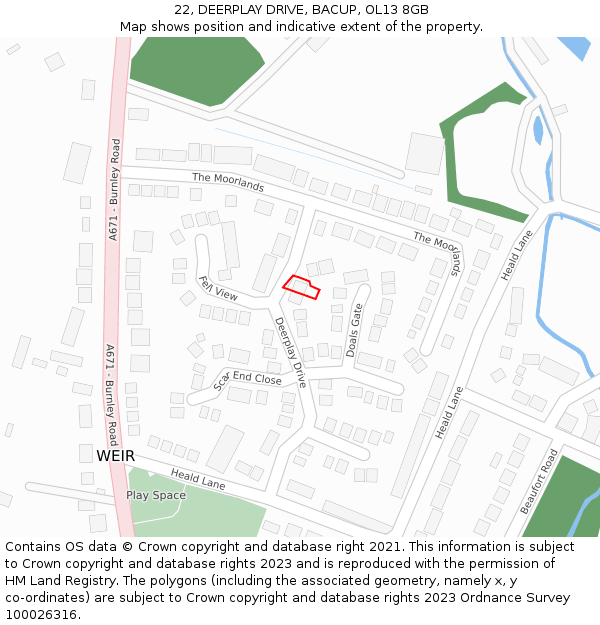 22, DEERPLAY DRIVE, BACUP, OL13 8GB: Location map and indicative extent of plot