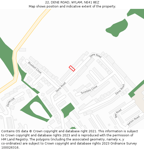 22, DENE ROAD, WYLAM, NE41 8EZ: Location map and indicative extent of plot