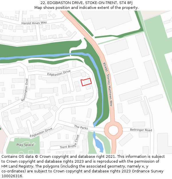 22, EDGBASTON DRIVE, STOKE-ON-TRENT, ST4 8FJ: Location map and indicative extent of plot