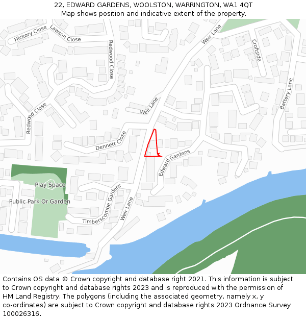 22, EDWARD GARDENS, WOOLSTON, WARRINGTON, WA1 4QT: Location map and indicative extent of plot