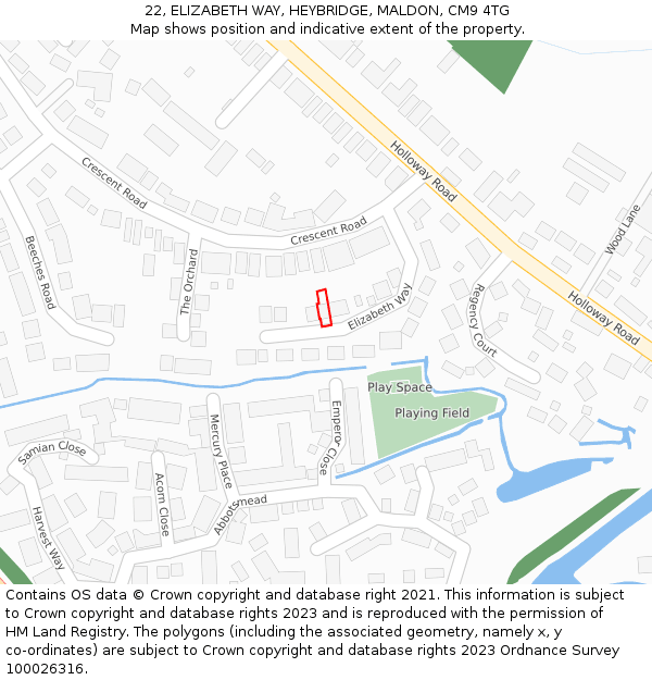 22, ELIZABETH WAY, HEYBRIDGE, MALDON, CM9 4TG: Location map and indicative extent of plot