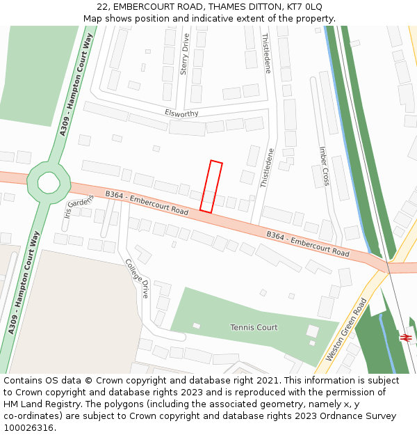 22, EMBERCOURT ROAD, THAMES DITTON, KT7 0LQ: Location map and indicative extent of plot