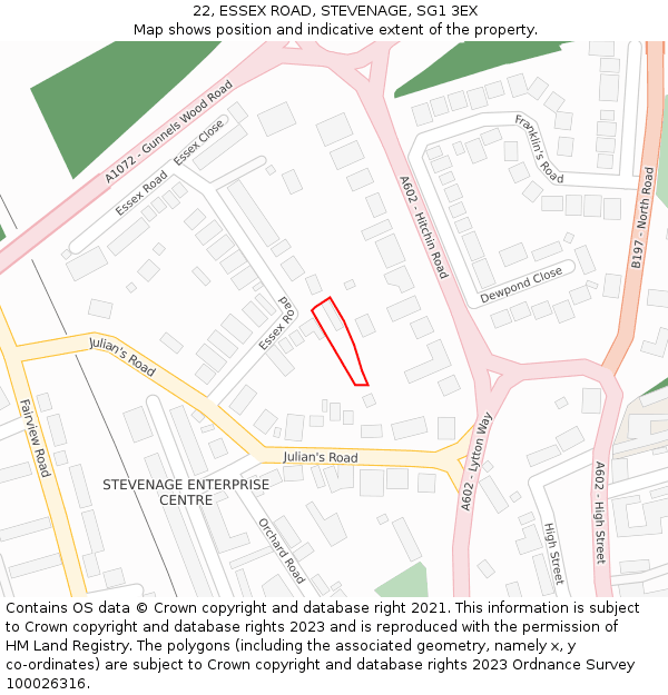 22, ESSEX ROAD, STEVENAGE, SG1 3EX: Location map and indicative extent of plot