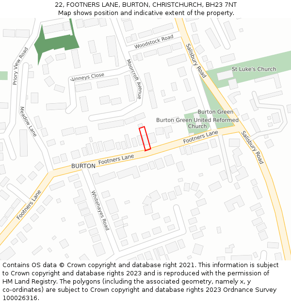 22, FOOTNERS LANE, BURTON, CHRISTCHURCH, BH23 7NT: Location map and indicative extent of plot