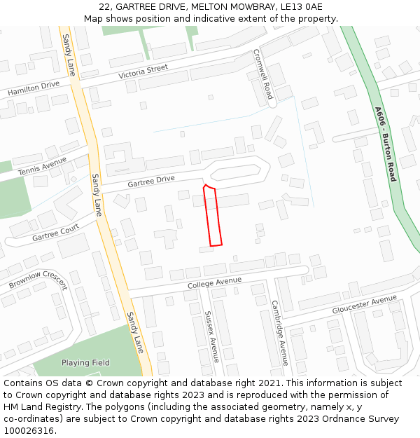 22, GARTREE DRIVE, MELTON MOWBRAY, LE13 0AE: Location map and indicative extent of plot