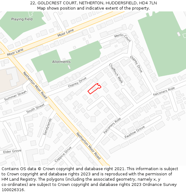 22, GOLDCREST COURT, NETHERTON, HUDDERSFIELD, HD4 7LN: Location map and indicative extent of plot