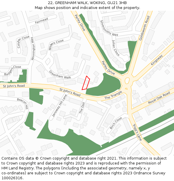 22, GREENHAM WALK, WOKING, GU21 3HB: Location map and indicative extent of plot