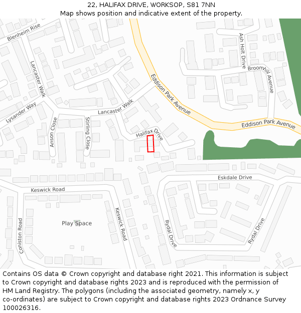 22, HALIFAX DRIVE, WORKSOP, S81 7NN: Location map and indicative extent of plot